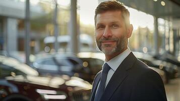 AI generated Smiling Businessman Stands at Luxury Car Showroom Surrounded by Modern Vehicles Bathed in Soft Natural Light photo