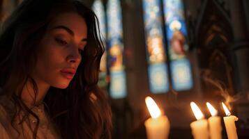 AI generated Woman Lights Candle in Dimly Lit Church Stained Glass Windows Illuminate Background photo