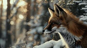 AI generated Red Fox Hunts in Snowy Forest Tall Pine Trees Soft Natural Light photo