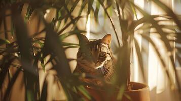 AI generated Curious Cat Peeks from Behind Potted Plant in Sunlit Living Room photo