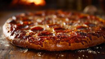 ai generado recién horneado pepperoni Pizza en rústico mesa capturado en calentar natural ligero con crujiente corteza y burbujeante queso foto