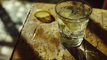 AI generated Refreshing Macro Shot Iced Lemonade with Condensation and Lemon Slice Creating a Dreamy Atmosphere photo