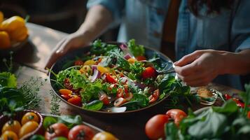 ai generado mujer disfruta vibrante ensalada mordedura en cocina ambiente capturado con 50 mm lente foto