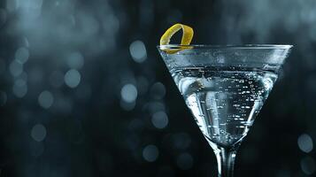 AI generated Elegant Martini Glass with Lemon Twist Captured in Moody CloseUp Shot photo