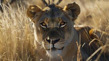 ai generado majestuoso leones alerta mirada en el salvaje rodeado por alto césped y sabana insinuación foto