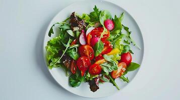 AI generated Vibrant Macro Salad Artfully Arranged Fresh Vegetables on White Plate Captured with Detailed Texture and Color photo