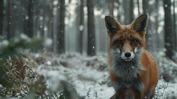 ai generado rojo zorro caza en Nevado bosque bañado en suave natural ligero foto