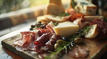 ai generado ingeniosamente arreglado charcutería tablero clasificado quesos curado carnes frutas nueces en contra rústico fondo suave natural ligero foto