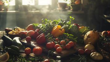 AI generated Rustic Table with Vibrant Fruits and Vegetables Bathed in Soft Natural Light photo
