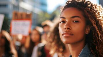 AI generated Diverse Group Protests Peacefully in City Square Holding Signs and Chanting Slogans photo