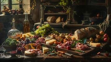 ai generado ingeniosamente arreglado charcutería tablero un rústico banquete de quesos carnes frutas y un pan iluminado por suave natural ligero foto