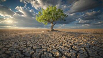 AI generated Resilient Tree Defies Arid Landscape Embracing Sunlight Amidst Tumultuous Sky Symbolizing Tenacity and Renewal photo