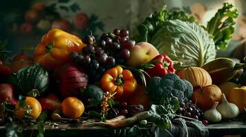 AI generated Vibrant Table Assorted Fruits and Vegetables Captured in Macro Emphasizing Texture and Color photo