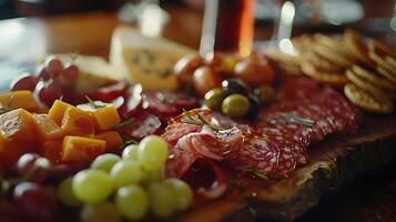 AI generated Artfully Arranged Charcuterie Display Meats Cheeses Fruits and Crackers in Soft Natural Light photo