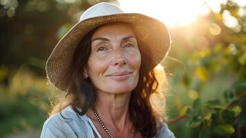 AI generated Woman in Straw Hat Smiles at Camera Bathed in Golden Hour Light with Scenic Landscape Background photo