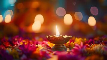 AI generated Illuminated Diwali Lamp Captured in CloseUp with Soft Focus on Colorful Background Decorations photo