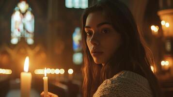 AI generated Young Woman Lights Candle in Dimly Lit Church with StainedGlass Windows Casting color onto the Walls photo