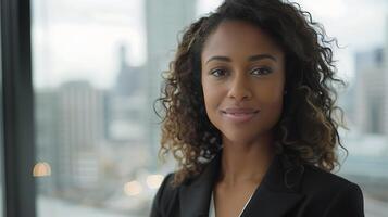 AI generated Confident Businesswoman Embraces Success in Modern Office Gazing at City Skyline Through Large Windows photo