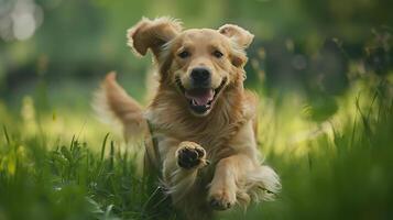 AI generated Happy Golden Retriever Bounds Through Field Bathed in Soft Natural Light Captured with 50mm Lens photo