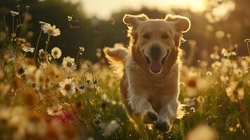 AI generated Golden Retriever Frolics Through Sundrenched Field of Wildflowers Captured in CloseUp photo