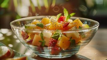ai generado delicioso Fruta ensalada capturado en suave natural ligero vibrante colores y 50 mm lente atención foto