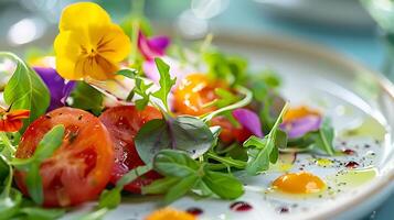 AI generated Vibrant Macro Shot Captures Artful Arrangement of Fresh Colorful Salad on White Plate photo