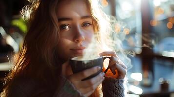 ai generado joven mujer contempla majestuoso montaña ver en suave natural ligero foto