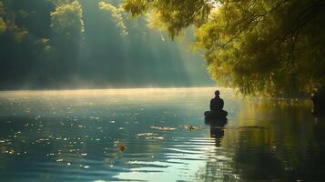 ai generado Mañana Dom yoga un sereno práctica por el aislado lago abrazado por naturalezas pacífico ambiente foto