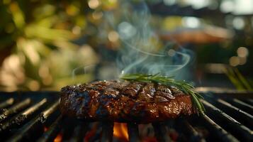 AI generated Sizzling Succulent Steak Grilled to Perfection on Patio BBQ Captured in Inviting Closeup with 50mm Lens photo