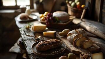 AI generated Rustic Table Set with Colorful Fruits and Vegetables Bathed in Soft Natural Light and Warm Tones photo