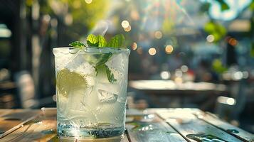 AI generated Refreshing Lemonade CloseUp Capture of IceCold Drink with Condensation Lemon and Mint photo