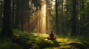 ai generado tranquilo yoga práctica en manchado de sol bosque claro evocando interior calma y personal empoderamiento foto