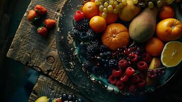 AI generated Vibrant Fruit Platter Glows in Soft Natural Light on Rustic Wooden Table Captured with Macro Lens photo