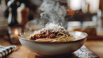 AI generated Steaming Spaghetti Bolognese with Fresh Parmesan on Rustic Wooden Table Adorned with Checkered Tablecloth photo