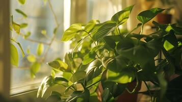 AI generated Lush Green Houseplant Basks in Soft Natural Light on Window Sill photo