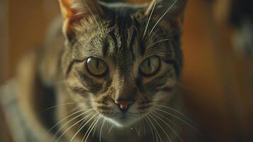 ai generado curioso atigrado gato capturado en suave natural ligero con superficial profundidad de campo utilizando 50 mm lente foto