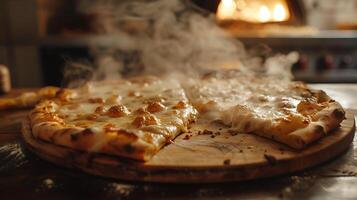 AI generated The Perfectly Baked Pizza Melted Cheese and Steam Sizzle in Close Up Kitchen Scene photo