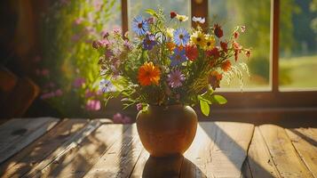 AI generated Vibrant Wildflowers in Rustic Vase Bathed in Soft Natural Light photo