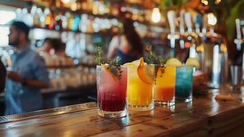 AI generated Colorful Cocktail Array Adorns Wooden Bar Set Against Socializing Background photo