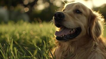 AI generated Golden Retriever Engages in Playful Frolic in Grassy Field with 50mm Lens Capture photo