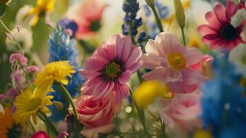 ai generado vibrante ramo de flores en rústico florero brilla en contra suave antecedentes foto