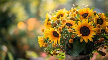 AI generated Vibrant Sunflowers in Rustic Vase Amidst Sunlit Garden photo