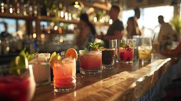 AI generated Vibrant Cocktail Display on Wooden Bar Counter Amid Social Gathering photo