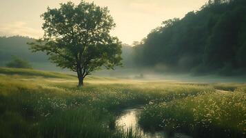 AI generated Tranquil Sunrise Meadow Lone Tree Babbling Brook and Serene Reflection of Human Emotions photo