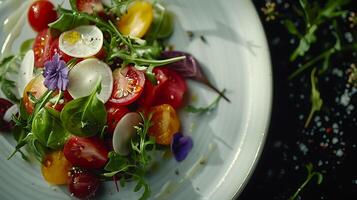 AI generated Vibrant Macro Shot Showcases Artfully Arranged Fresh Salad on White Plate photo