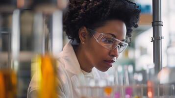 AI generated Scientist Observes Colorful Test Tube in Laboratory with Soft Natural Light photo