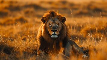 ai generado majestuoso león descansa en dorado sabana capturado en detallado de cerca con 200 mm telefotográfico lente foto