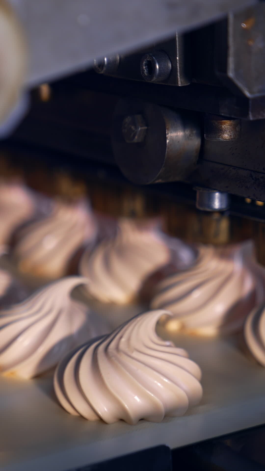 Marshmallow depositing machine making zephyr at confectionery factory