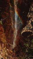 poco ruscello nel il montagne di yosemite, California, Stati Uniti d'America. magro torrente caduta a partire dal scogliere la creazione di arcobaleno nel il aria. verticale video