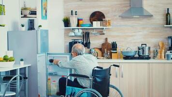 Disabled senior man in wheelchair taking eggs carton from refrigerator for wife in kitchen. Senior woman helping handicapped husband. Living with disabled person with walking disabilities video
